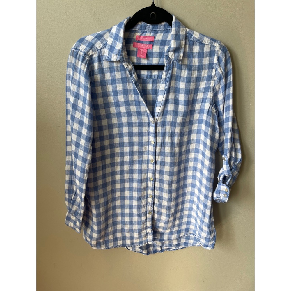 Isaac Mizrahi New York 100% Linen Blue Gingham Roll Tab Button Down Shirt Small